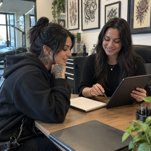 Two women sitting at a wooden table in a tattoo studio, looking at a tablet and writing in a notebook. One woman has visible tattoos on her neck and hand, and the background shows framed tattoo art and salon equipment.